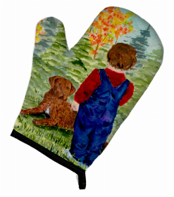 Little boy with his Chesapeake Bay Retriever Oven Mitt