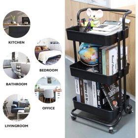 3 Tier Rolling Utility Cart Movable Storage Organizer with Mesh Baskets Lockable Wheels 360 Degree Rotatable Hanging Box Hooks Bedroom Bathroom Kitche