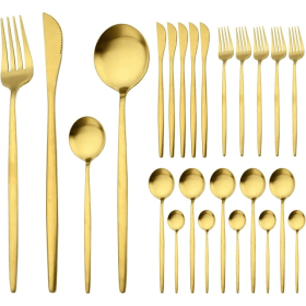 Gold Silverware Set 24 Pieces, Stainless Steel Flatware Set,Titanium Gold Plating Cutlery Set Utensil Sets Service for 6