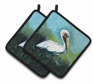 Pelican Pair of Pot Holders (Color: Blue Stand White Pelican, size: 7.5 x 7.5)