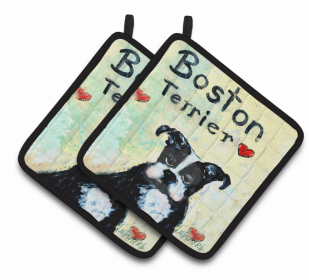 Dog Pair of Pot Holders (Color: Boston Terrier Where's my Bibb, size: 7.5 x 7.5)