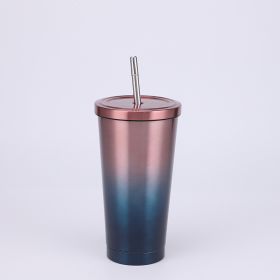 Stainless Steel Large-capacity Straw Insulation Cup (Option: Yellow Blue-500ML)